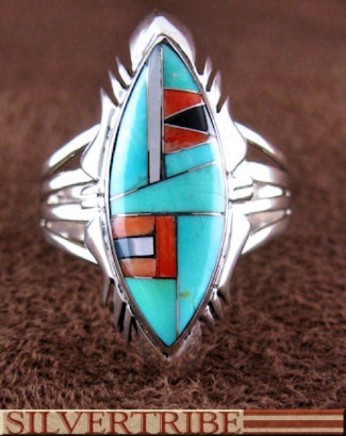 Authentic Sterling Silver Multicolor Inlay Ring Size 8-3/4 GS56622
