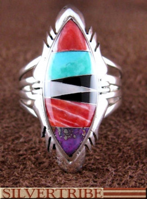 Southwest Silver And Multicolor Inlay Jewelry Ring Size 6-3/4 GS56645