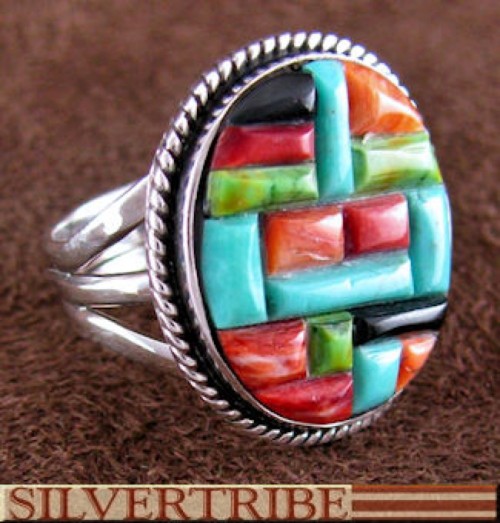 Genuine Silver Multicolor Inlay Ring Size 5-3/4 Jewelry GS56826
