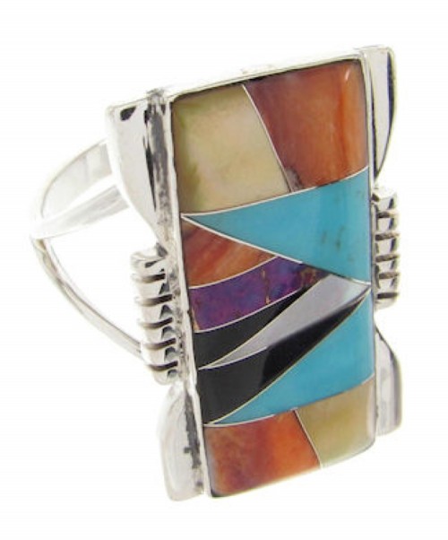 Southwest Sterling Silver Multicolor Inlay Ring Size 6-3/4 XS57232