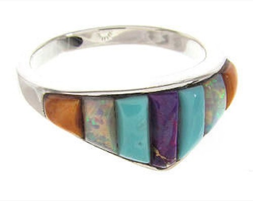 Silver Multicolor Southwestern Inlay Ring Size 8-3/4 XS57828