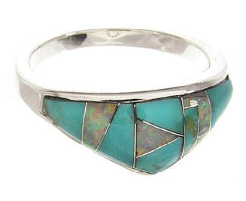 Southwest Turquoise Opal Inlay Ring Size 7-3/4 Jewelry XS57887