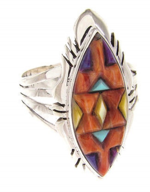 Sterling Silver Jewelry Multicolor Inlay Ring Size 6-3/4 RS41113 