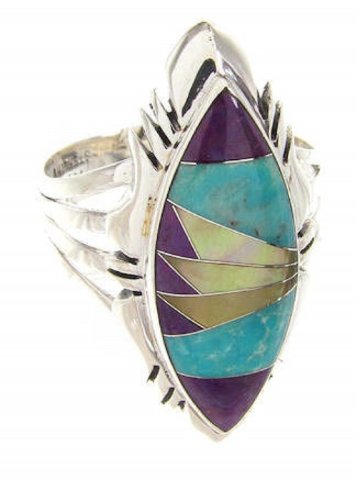 Turquoise Multicolor Inlay Silver Ring Size 7-3/4 Jewelry GS58964