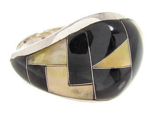 Yellow Mother Of Pearl Black Jade Silver Ring Size 7-3/4 EX22478