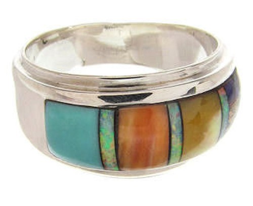 Southwestern Multicolor Inlay Sterling Silver Ring Size 7-3/4 PS58196