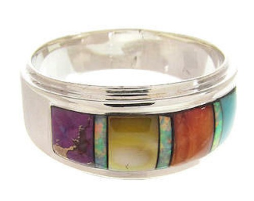 Multicolor Inlay Silver Southwestern Ring Size 7-3/4 PS58126