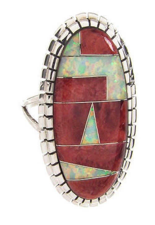 Southwest Red Oyster Shell Opal Inlay Ring Size 5-3/4 Jewelry YS59222