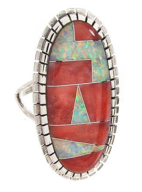 Southwest Silver Opal Red Oyster Ring Size 5-3/4 Jewelry YS59223