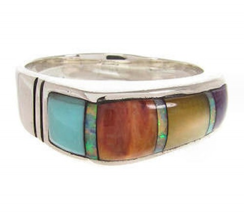 Sterling Silver Southwest Multicolor Inlay Jewelry Ring Size 8 YS58789