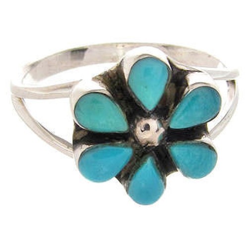 Southwestern Turquoise and Silver Flower Ring Size 5-1/4 PS62673