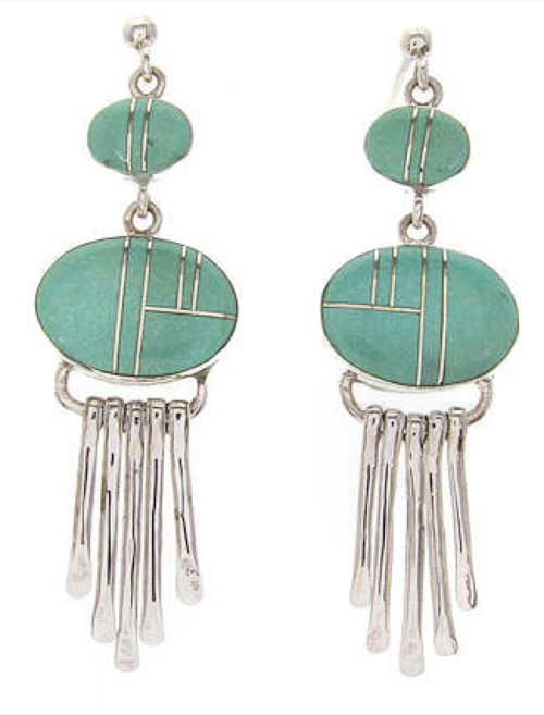 Silver And Turquoise Inlay Earrings Post Dangle Jewelry IS59812