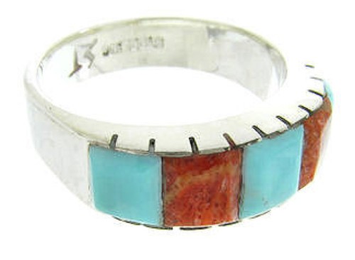 Turquoise Apple Coral Inlay Sterling Silver Ring Size 7-3/4 AW63702