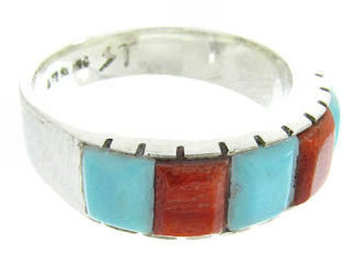 Turquoise And Apple Coral Genuine Silver Ring Size 4-3/4 AW63707