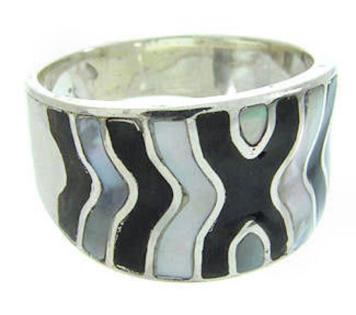 Jet Mother Of Pearl Sterling Silver Inlay Ring Size 6 AW63779