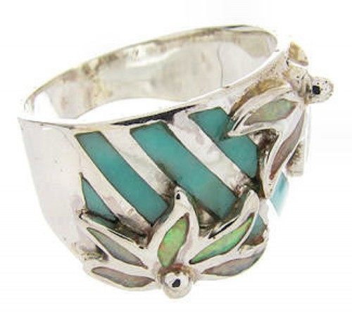 Turquoise Floral Silver Ring Opal Inlay Jewelry Size 5-3/4 IS60695