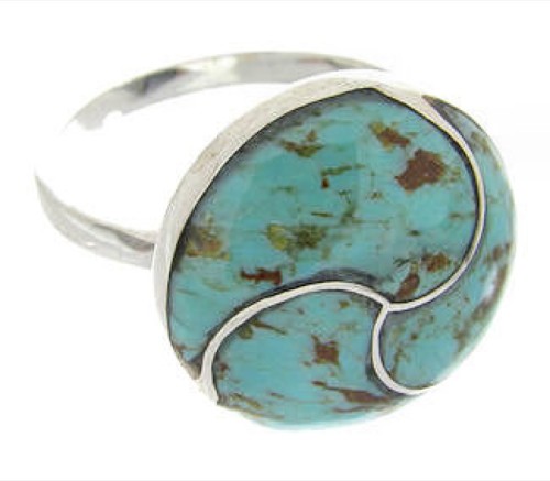 Southwestern Silver And Turquoise Inlay Ring Size 8-1/2 YS63534