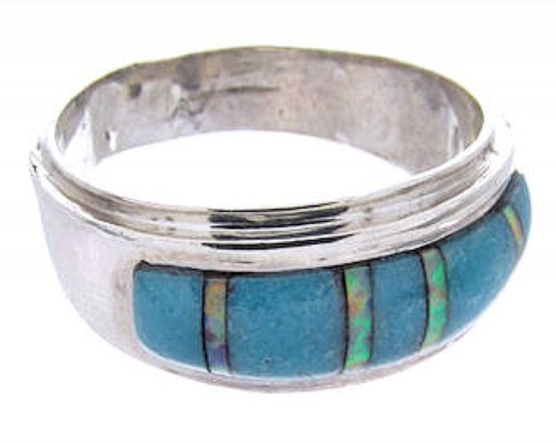 Turquoise And Opal Inlay Sterling Silver Ring Size 7-3/4 NS44922