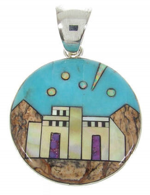 Multicolor Silver Native American Village Design Pendant YS63122