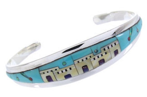 Silver Native American Village Design Multicolor Cuff Bracelet YS66684