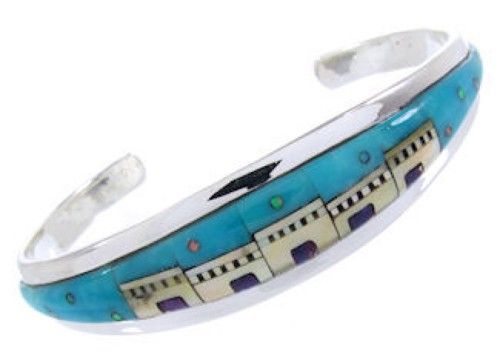 Silver Native American Village Design Multicolor Cuff Bracelet YS66685