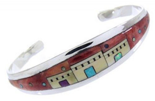 Multicolor Native American Village Design Silver Cuff Bracelet YS66676