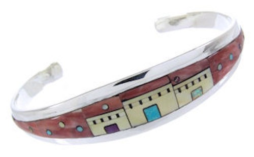 Multicolor Native American Village Design Silver Cuff Bracelet YS66677
