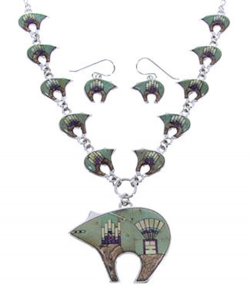 Sterling Silver Native American Mesa Design Bear Necklace Set PS64234