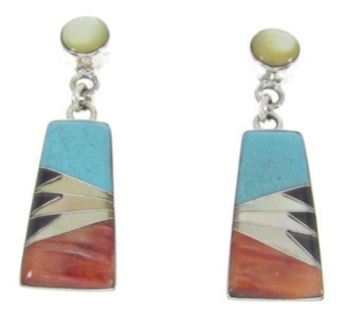 Southwest Silver Multicolor Inlay Post Dangle Earrings FS62352