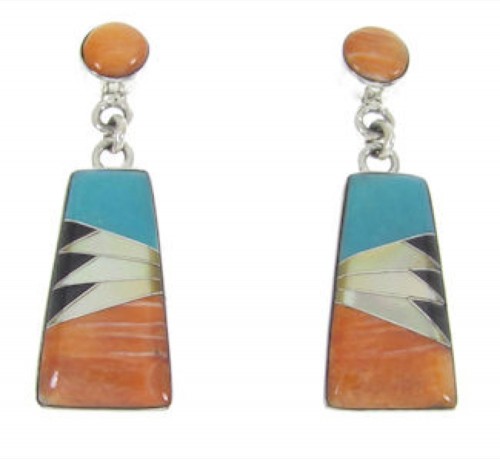 Southwest Multicolor Inlay Silver Post Dangle Earrings FS62359