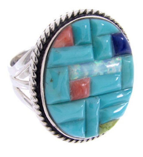 Sterling Silver Turquoise Multicolor Inlay Ring Size 5-3/4 AW68920  