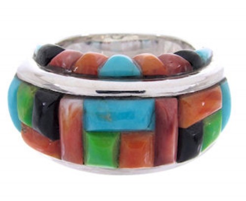 Multicolor Inlay Authentic Sterling Silver Ring Size 7-3/4 DS47572