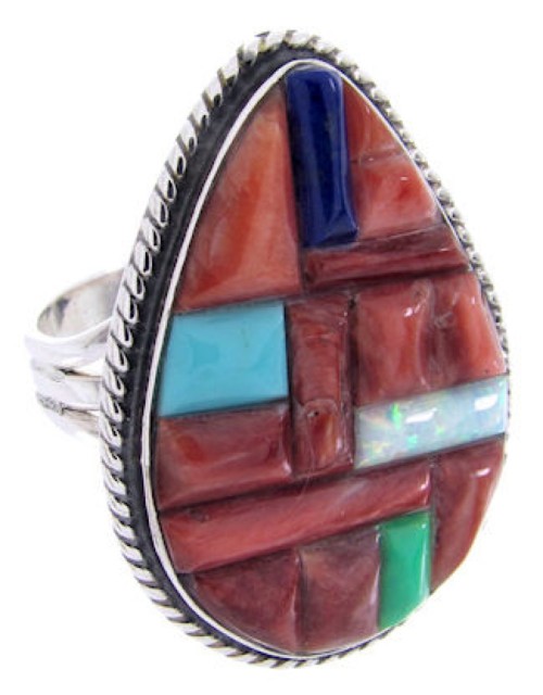 Southwestern Sterling Silver Multicolor Inlay Ring Size 7-3/4 AW68953