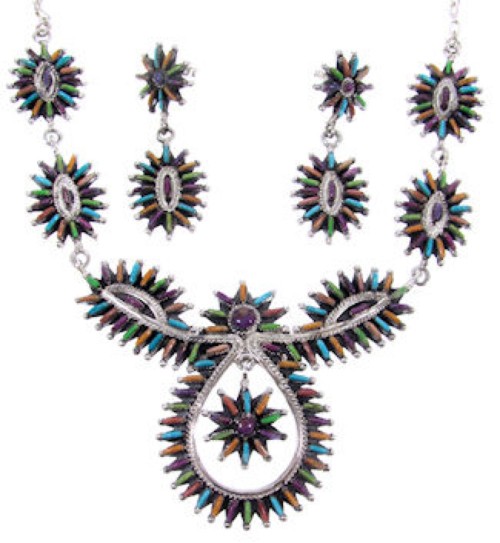 Multicolor Sterling Silver Link Necklace and Earrings Set MW67014