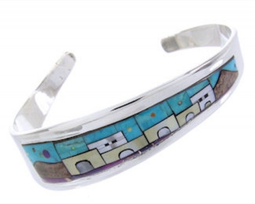 Silver Multicolor Native American Village Design Cuff Bracelet YS67334