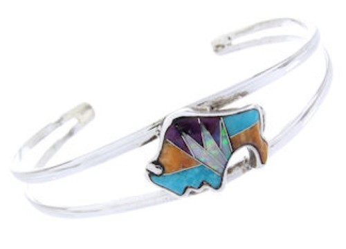 Multicolor Inlay Genuine Sterling Silver Buffalo Cuff Bracelet CW64745