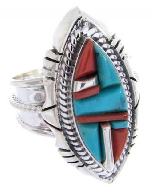 Turquoise And Coral Inlay Silver Jewelry Ring Size 6-1/2 BW67009 