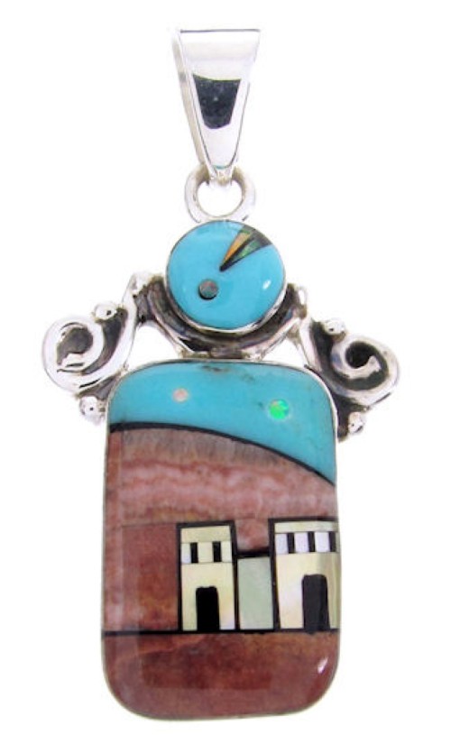 Silver Multicolor Native American Village Design Pendant YS67072