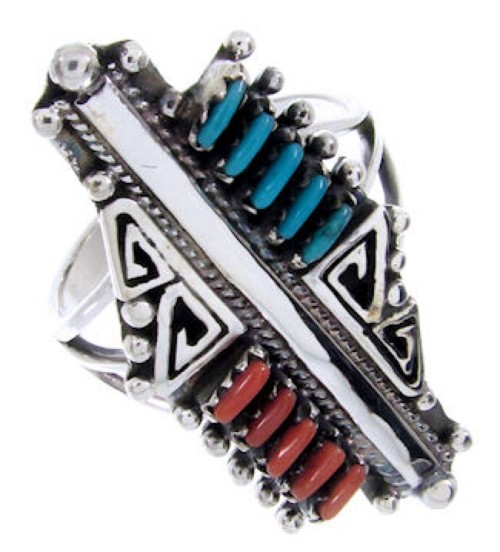 Turquoise And Coral Southwestern Needlepoint Ring Size 7-1/4 BW68027