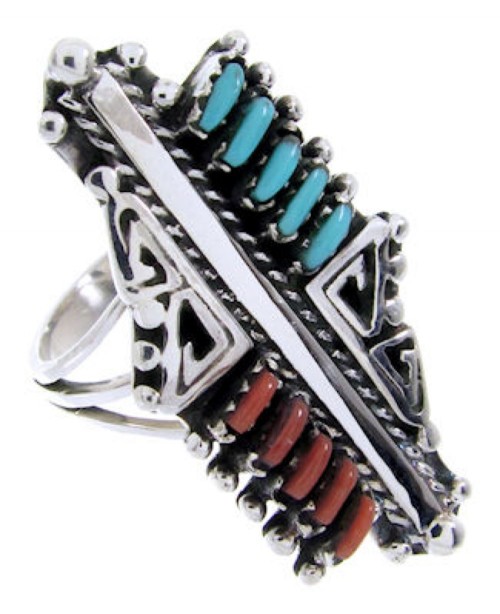 Turquoise And Coral Needlepoint Silver Ring Size 5-1/2 BW68083