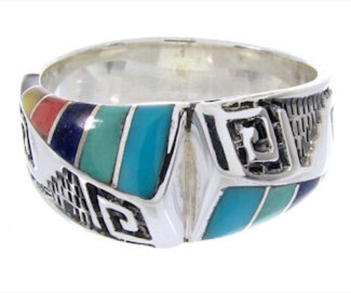 Multicolor Water Wave Inlay Silver Jewelry Ring Size 7-1/4 YS68356