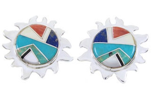 Southwest Silver Multicolor Turquoise Sun Inlay Post Earrings AW68197