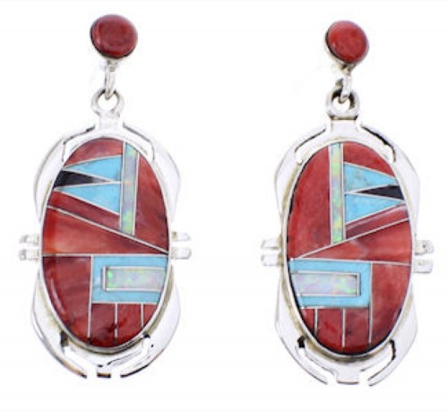 Multicolor Red Oyster Shell Inlay Silver Post Dangle Earrings BW68866