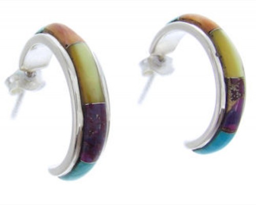 Multicolor Turquoise Inlay Sterling Silver Post Hoop Earrings AW69802