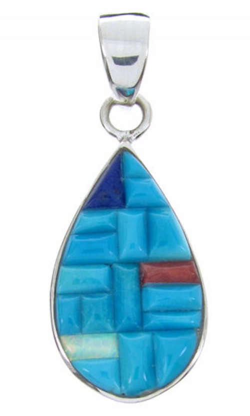 Turquoise Multicolor Inlay Sterling Silver Southwest Pendant AW70006
