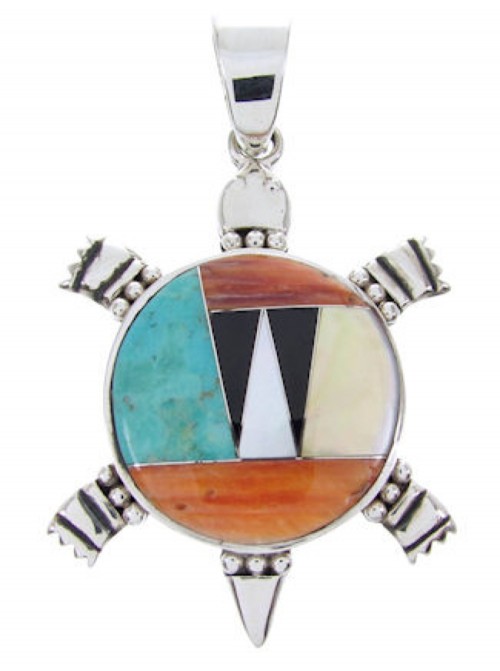 Southwest Turquoise Multicolor Silver Turtle Pendant AW70169  