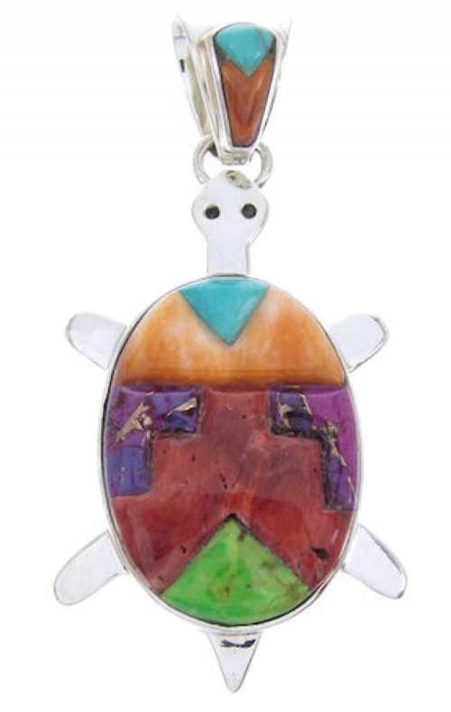 Turquoise Sterling Silver Turtle Multicolor Southwest Pendant AW70160 