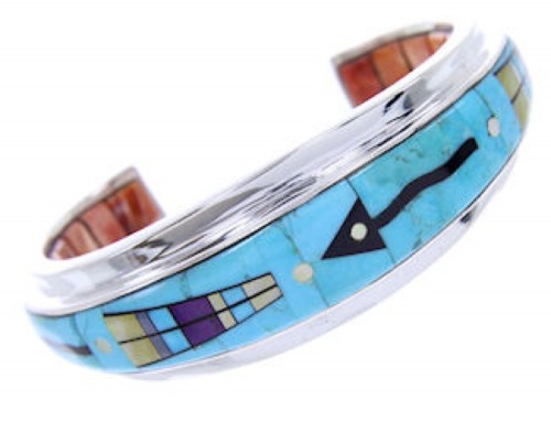 Turquoise And Multicolor Arrow Inlay Silver Cuff Bracelet BW70359