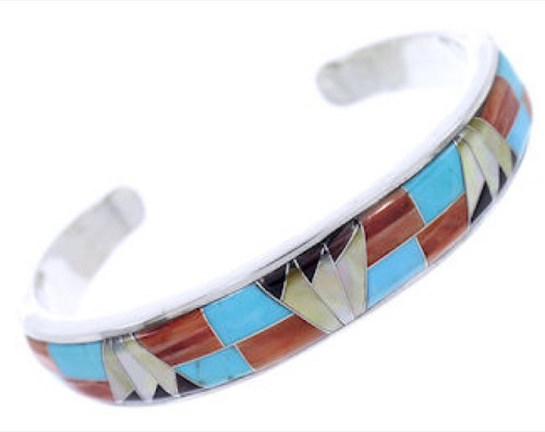 Sterling Silver Jewelry Multicolor Inlay Cuff Bracelet BW70384