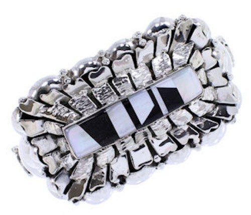 Jet And Mother Of Pearl Inlay Southwest Silver Cuff Bracelet BW70497